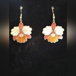 Vintage Cloisonne Earrings Dangle Drop Wire Hook Cream Brown Tone Colors